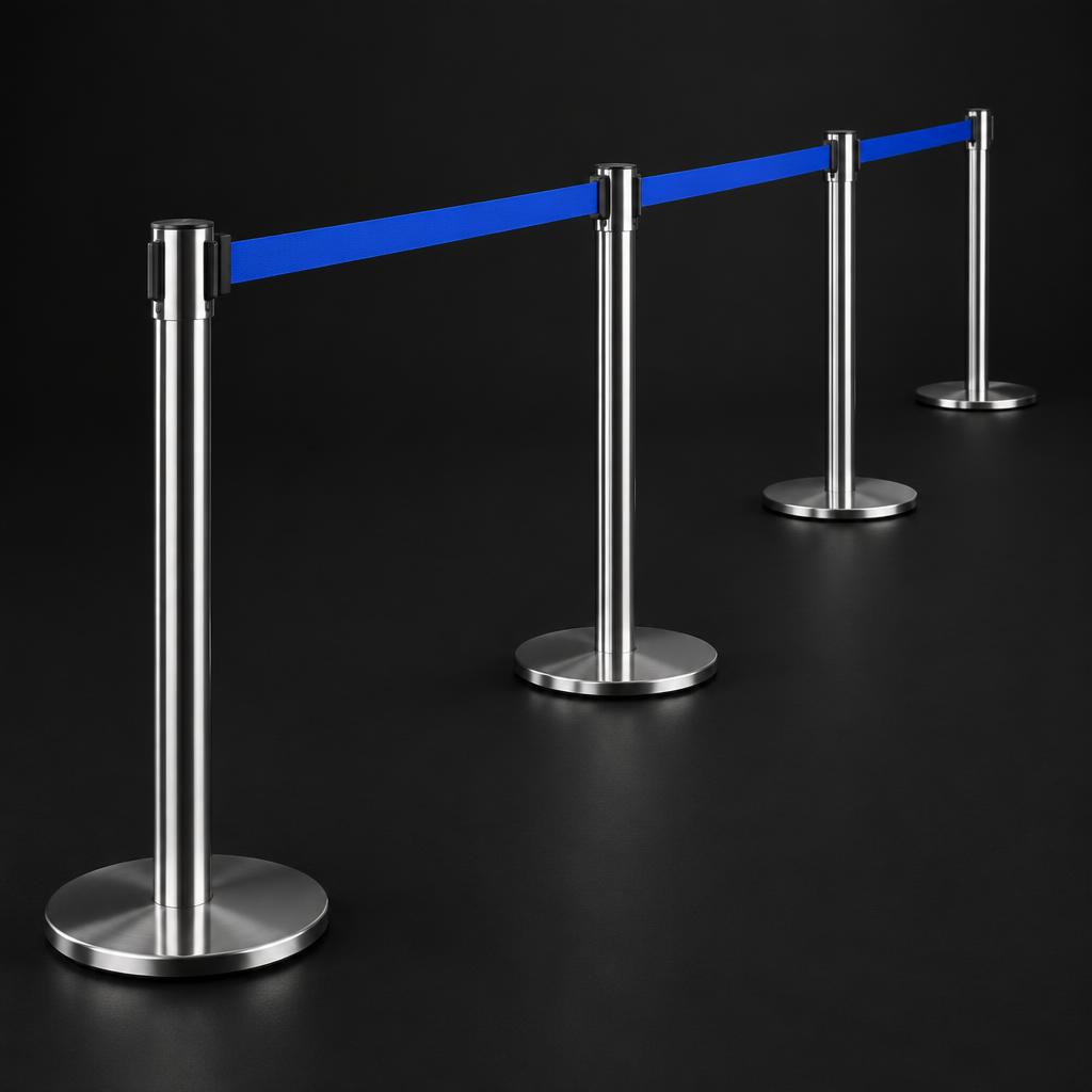 Silver stanchions with blue retractable tape available for rent in Indianapolis
